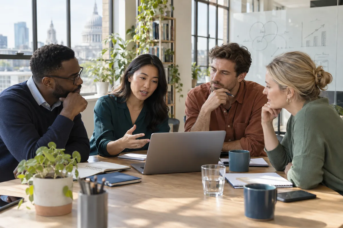 Illustrative scene of adult professionals discussing ideas around a laptop